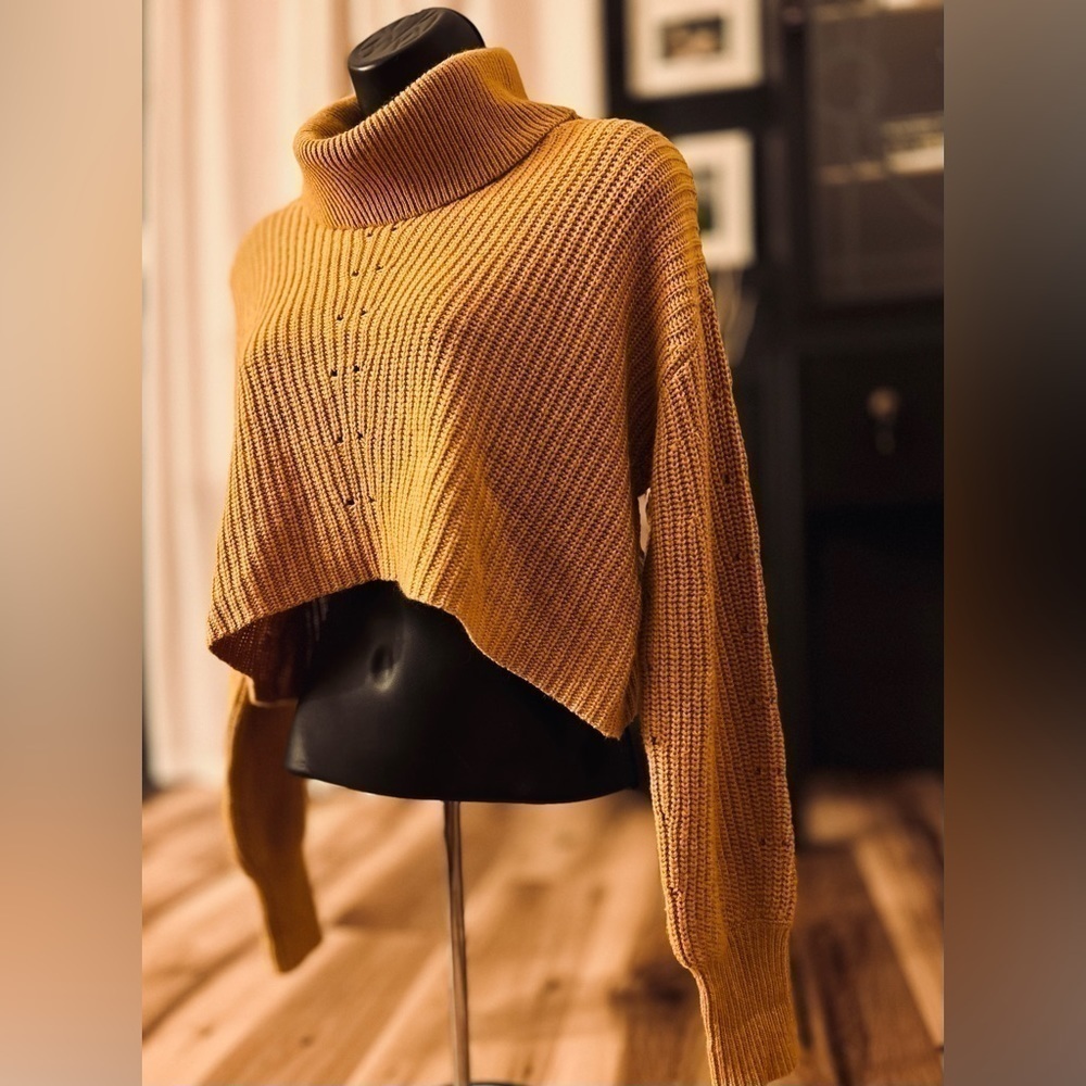 Olivaceous mustard yellow cropped knit sweater, size Small - Picture 2 of 10